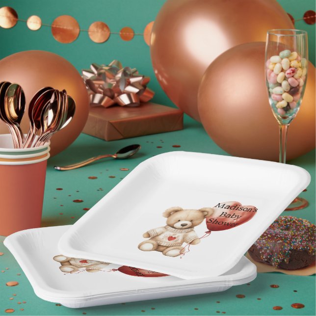 Plato De Papel Sweet Teddy Bear Heart Balloon Baby Shower (Multi)