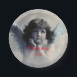 Plato De Papel Sweet Vintage Christmas Angel<br><div class="desc">Hermoso diseño vintage de un ángel de Navidades dulces con alas blancas suaves y mejillas rosadas, sosteniendo su cara en sus manos. Se ve amable y amable. El fondo está lleno de nubes etéreas suaves. El texto dice Navidades 2014 y puedes personalizar / personalizar / borrar el texto, como quieras....</div>