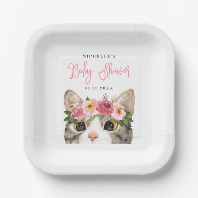 Plato De Papel Sweet Watercolor Kitty Chica Baby Shower (Anverso)