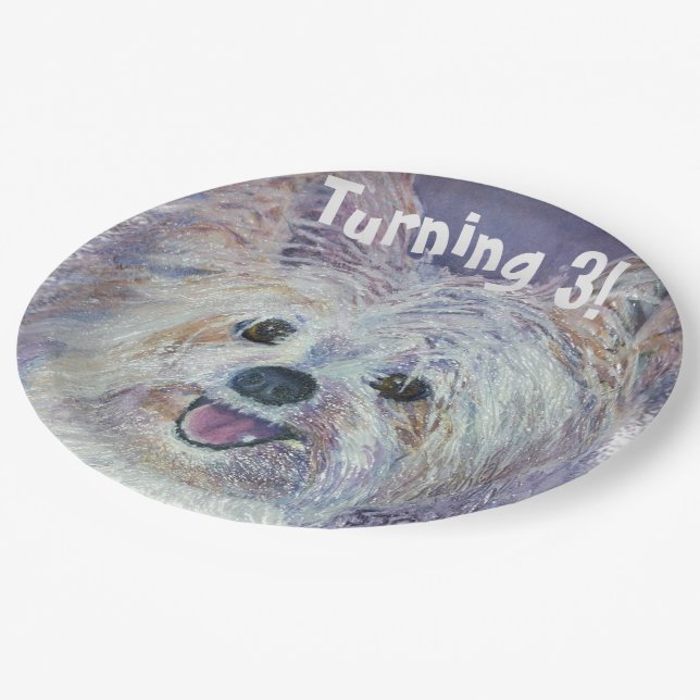 Plato De Papel Sweet White Yorkie Turning 3 FIESTA (Angular)