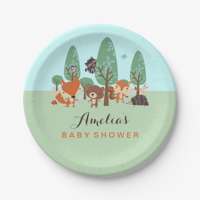 Plato De Papel Sweet Woodland Friends Baby Shower Paper Plates (Anverso)
