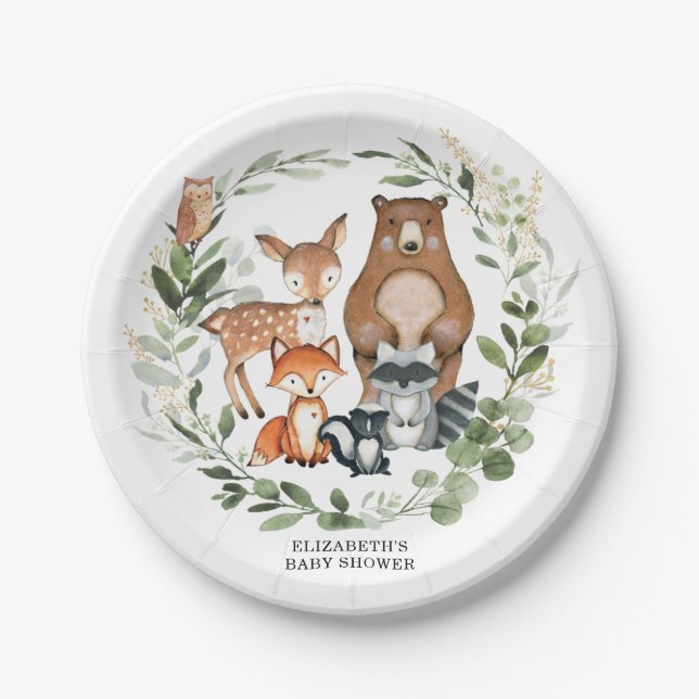 Plato De Papel Sweet Woodland Greenery Baby Shower Cumpleaños (Anverso)