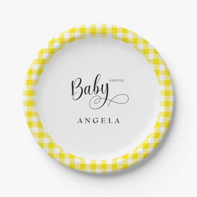 Plato De Papel Sweet Yellow Gingham Baby Shower (Anverso)
