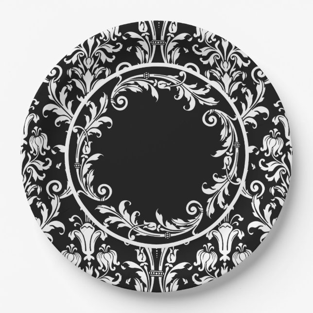 Plato De Papel Swift Floral Black White Damask Personalizado (Anverso)