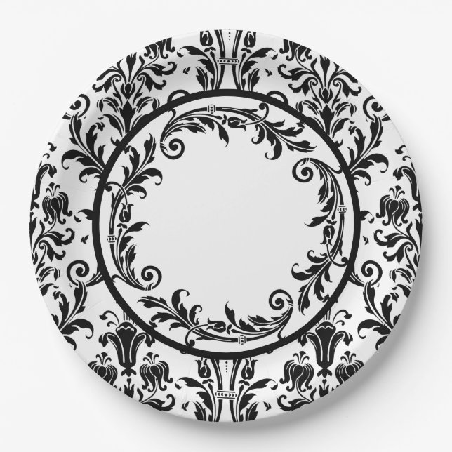 Plato De Papel Swift floral blanco negro Damask Personalizado (Anverso)