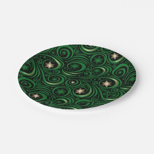 Plato De Papel Swirls y Snowflakes Gold y Green (Angular)