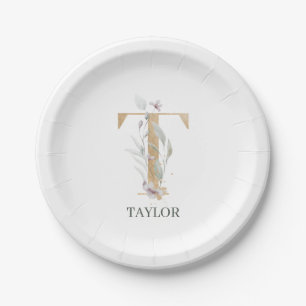 Plato De Papel T Monograma Placa de papel floral personalizada