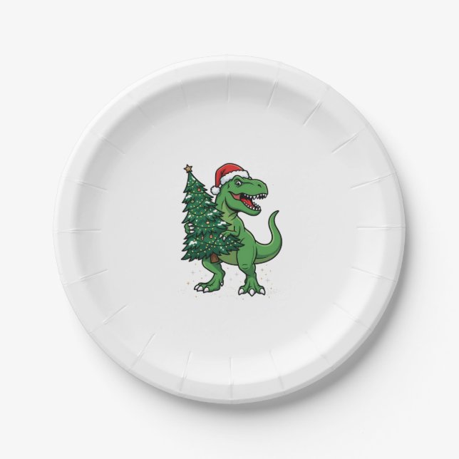 Plato De Papel T-Rex de Navidad llevando árbol de Navidad (Anverso)