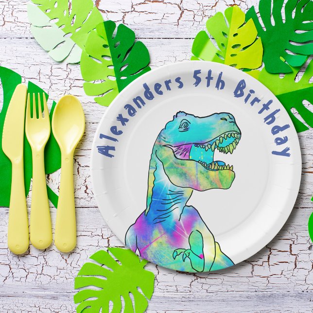 Plato De Papel T-Rex Dinosaur 5ª Fiesta de Cumpleaños añadir Nomb (T-Rex dinosaur 5th birthday party add name paper plate Colorful Tyrannosaurus rex & blue typography )