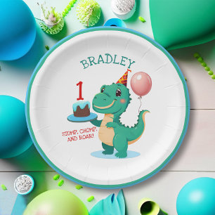 Plato De Papel T Rex Dinosaur Añade fiesta de cumpleaños por edad