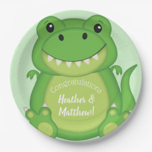 Plato De Papel T-Rex Dinosaur Baby Shower Green
