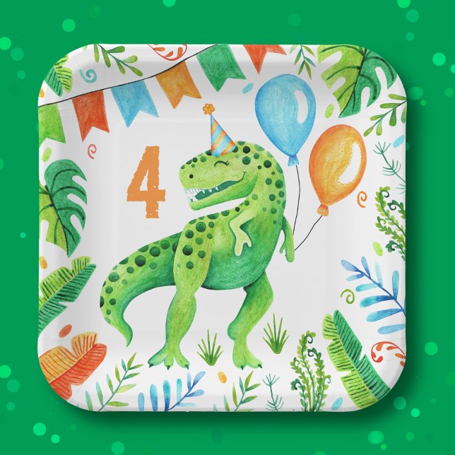 Plato De Papel T rex Dinosaur Boys Nacimiento acuático (T rex Dinosaur Boys Birthday Watercolor Paper Plates)