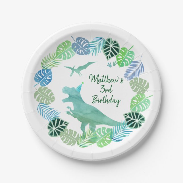 Plato De Papel T-Rex Dinosaur Greenery Cumpleaños (Anverso)