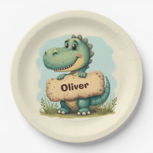Plato De Papel T-Rex juguetón con letrero de nombre de piedra