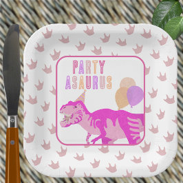 Plato De Papel T-Rex Pink Cute Jurassic Dinosaur Birday Party