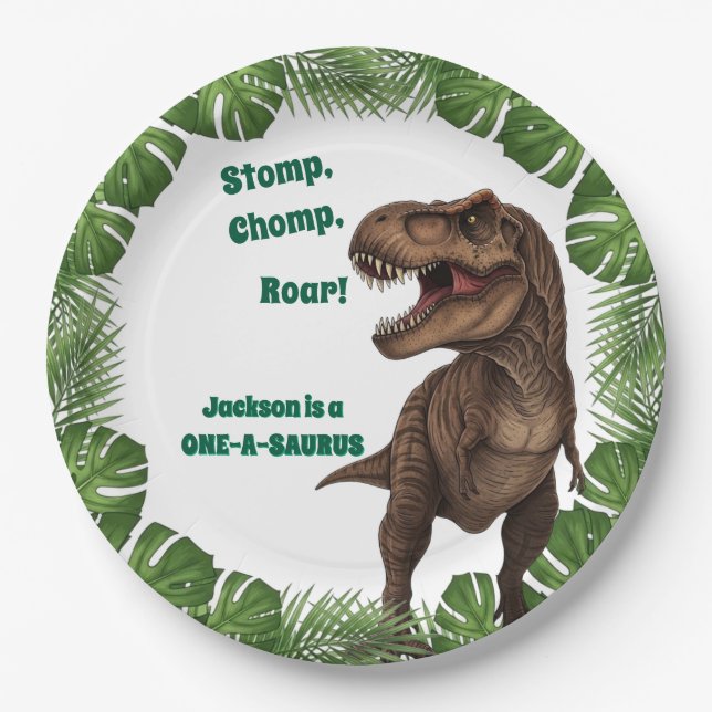 Plato De Papel T-Rex Roar Dinosaur Birthday Paper Plates (Anverso)