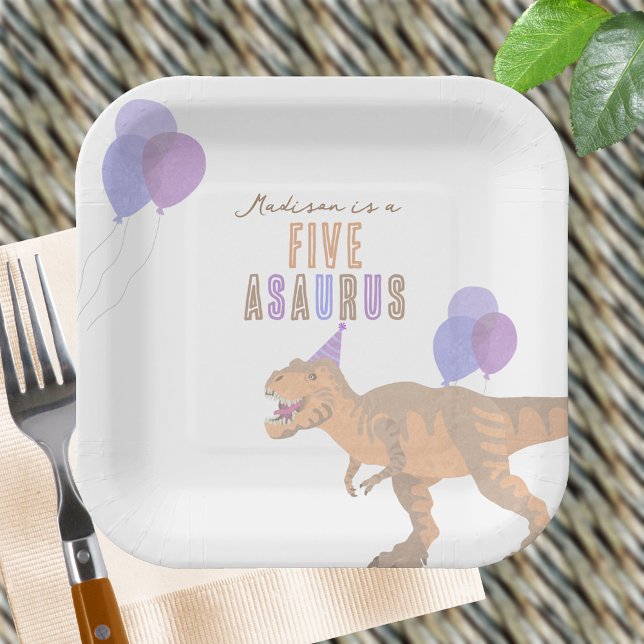Plato De Papel T-Rex Tan Cualquier Edad Cita Dinosaurio Fiesta de (For any age, you can change FIVE to any number on these personalized dinosaur birthday paper plates)
