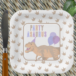 Plato De Papel T-Rex Tan Cute Jurassic Dinosaur Birday Party