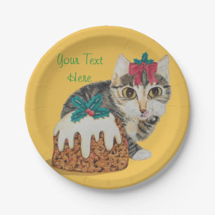 Plato De Papel tabby gris del gatito lindo que lame navidad de la