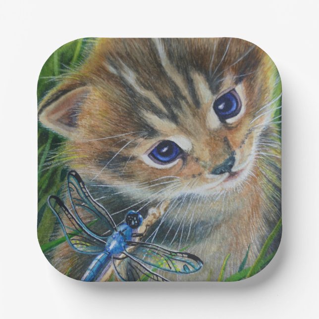 Plato De Papel Tabby marrón Kitten & Dragonfly Watercolor Art (Anverso)