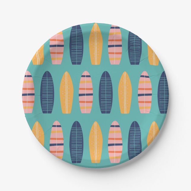 Plato De Papel Tablas de surf rosadas y flores Surfs Up (Anverso)