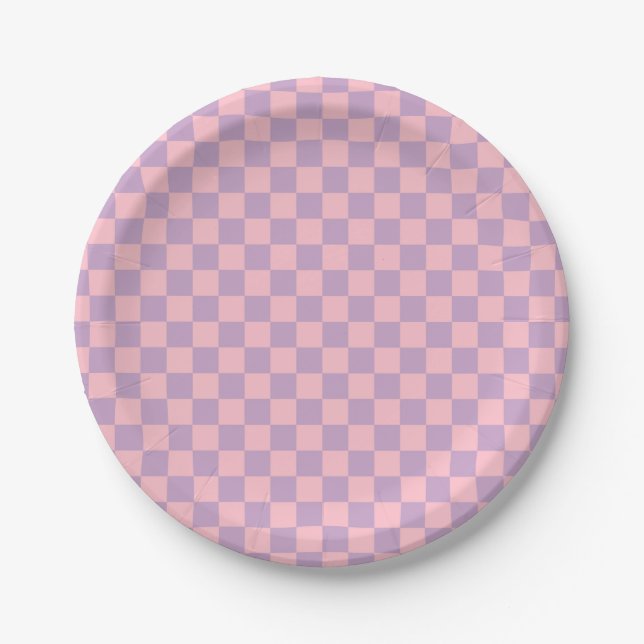 Plato De Papel Tablero de ajedrez de lila y rosa (Anverso)