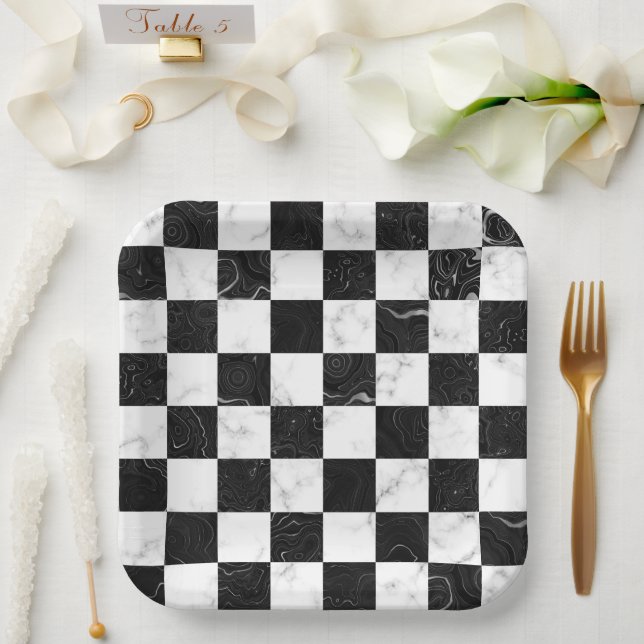 Plato De Papel Tablero de ajedrez de mármol blanco negro y plata (Boda)