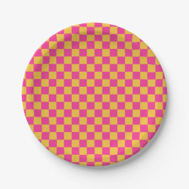 Plato De Papel Tablero de ajedrez rosa y amarillo