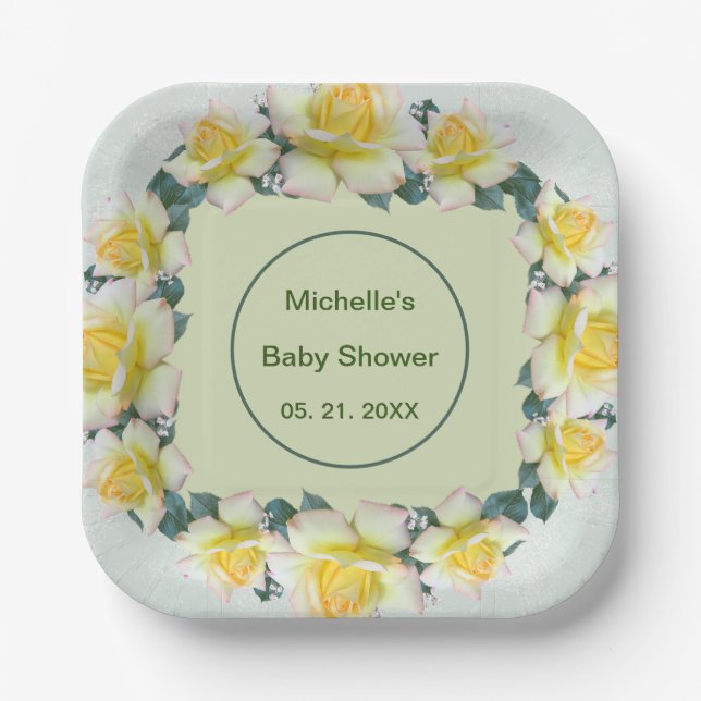 Plato De Papel Tableware de flores verdes amarillas (Anverso)