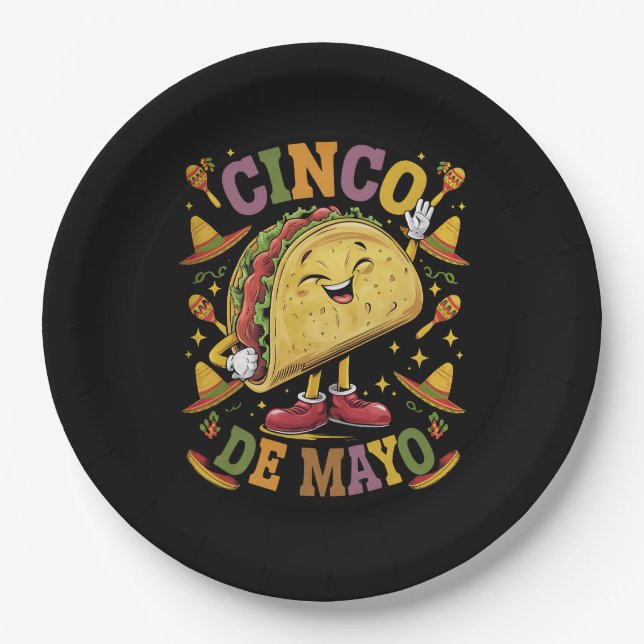Plato De Papel Taco Bailarín Divertido Fiesta Cinco De Mayo (Anverso)