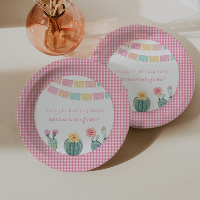 Plato De Papel taco de la Fiesta Cactus Papel Picado (Fun Mexican fiesta inspired cactus paper plates for girl birthday party or baby girl shower party)