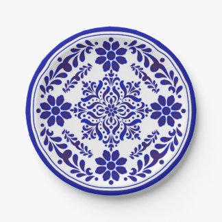 Plato De Papel Talavera azul y blanca tres