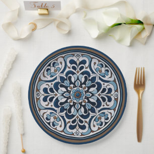 Plato De Papel Talavera Azul y Marrón