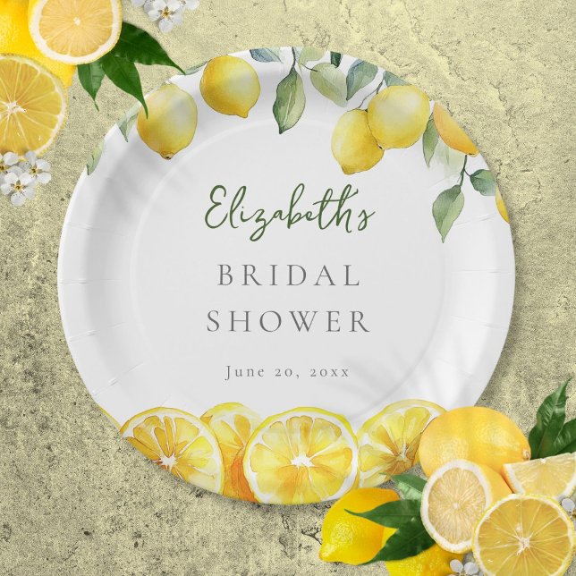 Plato De Papel Taller de pintura acuarela de limón amarillo para  (Watercolor Yellow Lemon Citrus Bridal Shower Paper Plates)