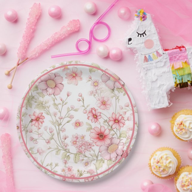 Plato De Papel Tallos de flores rosadas  (Fiesta)