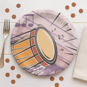 Plato De Papel Tambor tradicional de Bongo con notas musicales