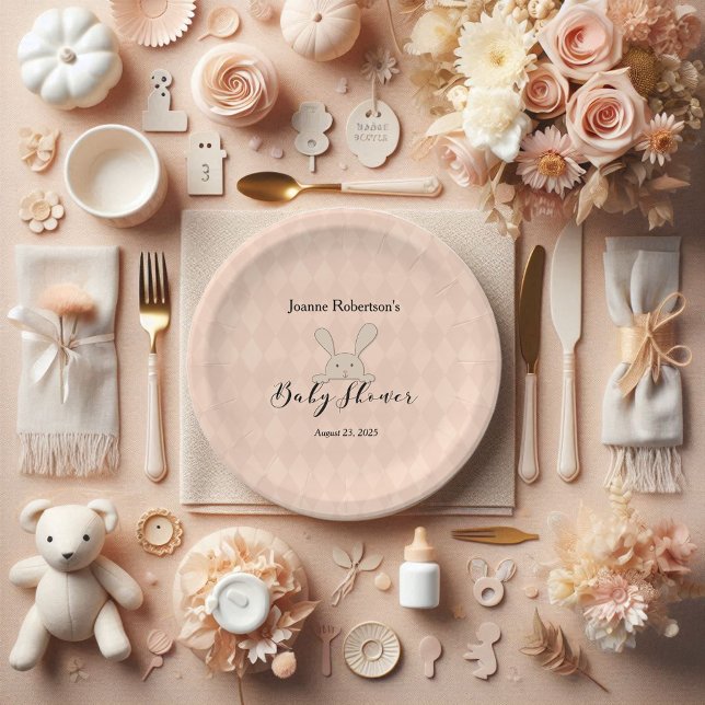 Plato De Papel Tan Bunny Rabbit Baby Shower | Coral Argyle (Subido por el creador)
