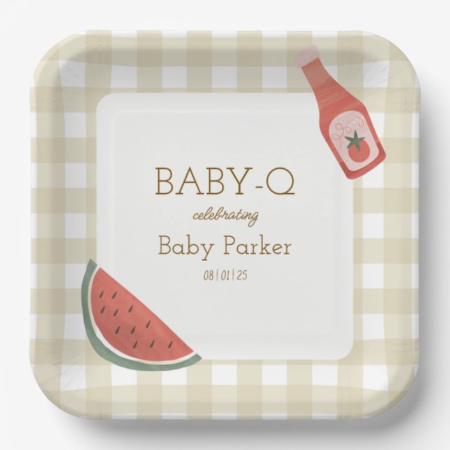 Plato De Papel Tan Gingham Baby-Q Square Plate (Anverso)