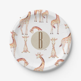 Plato De Papel Tan Giraffes Monograma Baby Shower Letra inicial