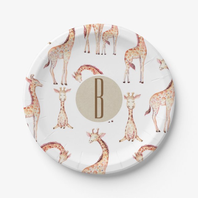 Plato De Papel Tan Giraffes Monograma Baby Shower Letra inicial (Anverso)