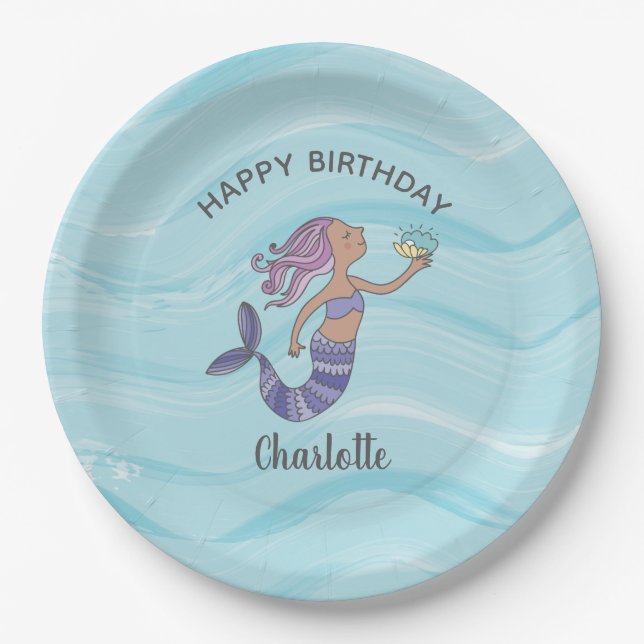 Plato De Papel Tan Skin Purple Mermaid Cumpleaños (Anverso)