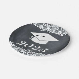 Plato De Papel Tapa del Gorra de graduación de encaje blanco y pi