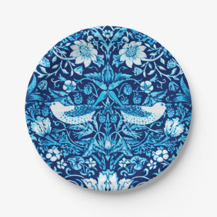 Plato De Papel Tapiz Art Nouveau de aves y flores, azul oscuro