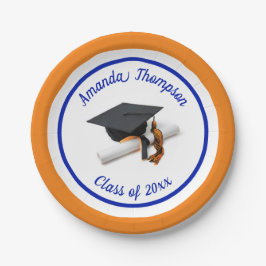 Plato De Papel Tapón de graduación azul y Naranja | PERSONALIZADO