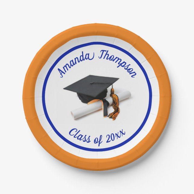 Plato De Papel Tapón de graduación azul y Naranja | PERSONALIZADO (Anverso)