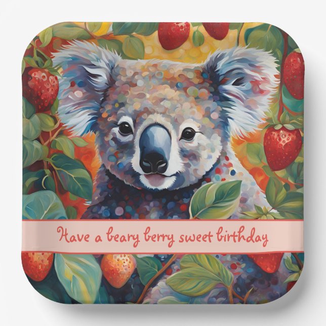 Plato De Papel Tarjeta de cumpleaños Cute Strawberry Koala Bear (Anverso)