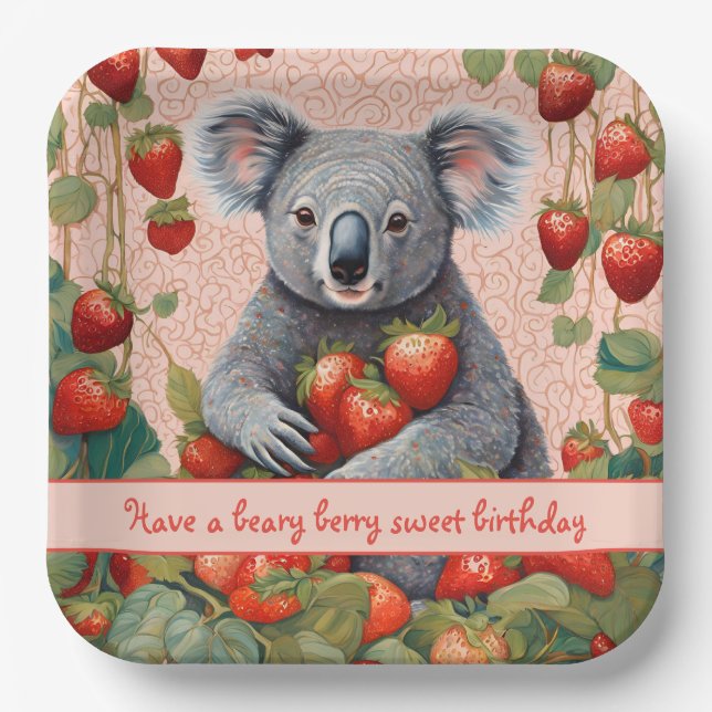 Plato De Papel Tarjeta de cumpleaños Cute Strawberry Koala Bear (Anverso)