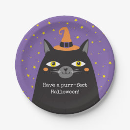 Plato De Papel Tarjeta de gato negra de Halloween