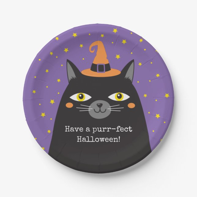 Plato De Papel Tarjeta de gato negra de Halloween (Anverso)