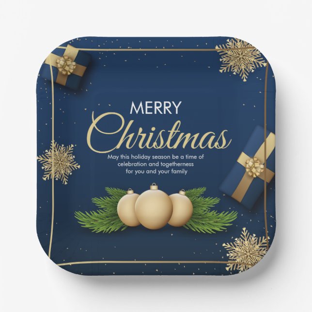Plato De Papel Tarjeta de Navidad de Copos de Nieve Dorados, Feli (Anverso)